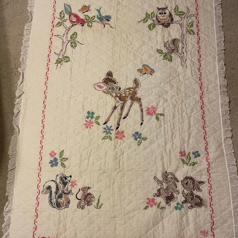 Whimsical Cream Deer & Woodland Animals Quilted Throw